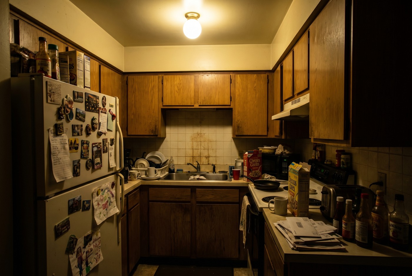 A dim, cluttered kitchen with dirty dishes and crowded countertops.
