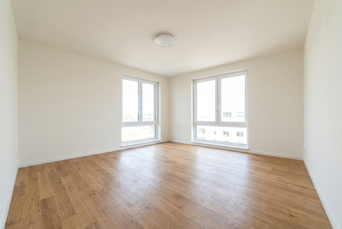 A vacant sun-filled living room with hardwood floors before virtual staging.